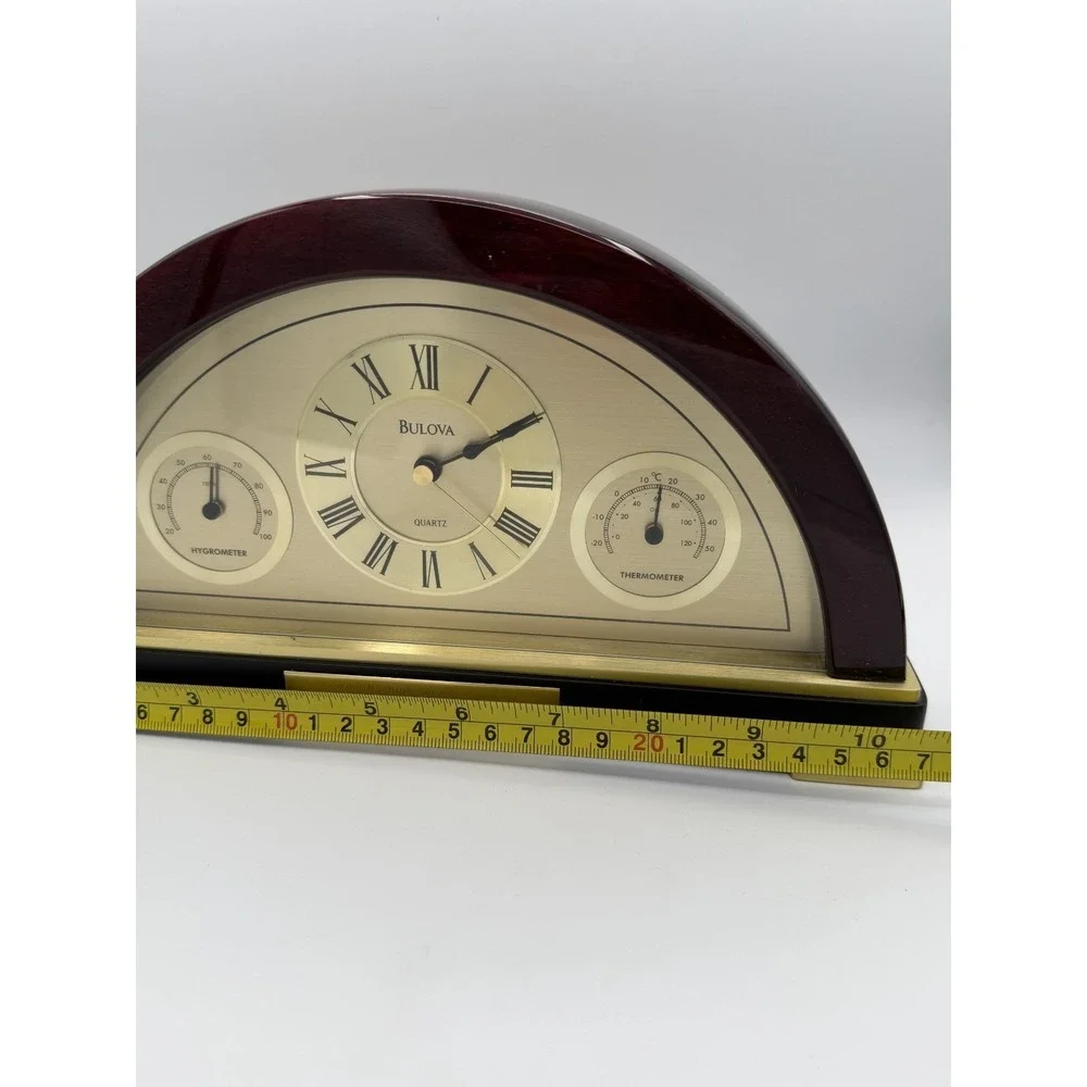 Bulova Mantel Clock Quartz Wood Brass Hygrometer Thermometer Engraved